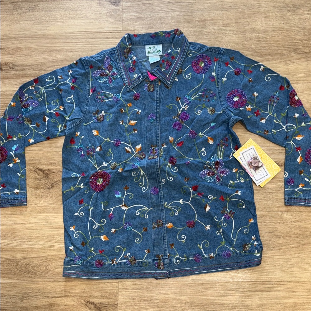 Quacker Factory Denim Jacket with Colorful Embroidery Chambray Bead